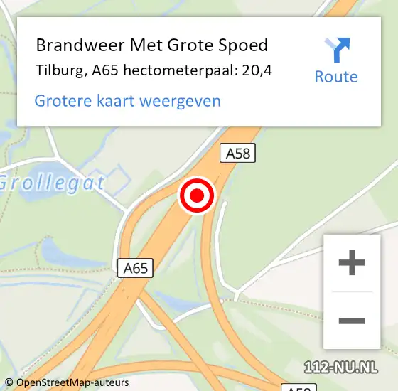 Locatie op kaart van de 112 melding: Brandweer Met Grote Spoed Naar Tilburg, A65 hectometerpaal: 20,4 op 1 november 2022 22:09