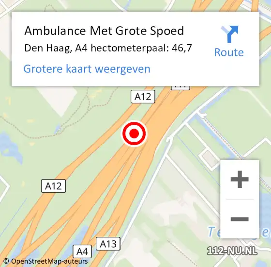 Locatie op kaart van de 112 melding: Ambulance Met Grote Spoed Naar Den Haag, A4 hectometerpaal: 46,7 op 2 november 2022 06:09