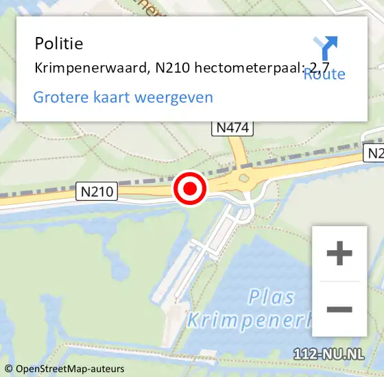 Locatie op kaart van de 112 melding: Politie Krimpenerwaard, N210 hectometerpaal: 2,7 op 2 november 2022 12:42