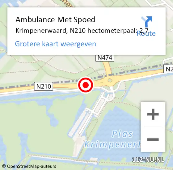 Locatie op kaart van de 112 melding: Ambulance Met Spoed Naar Krimpenerwaard, N210 hectometerpaal: 2,7 op 2 november 2022 12:43
