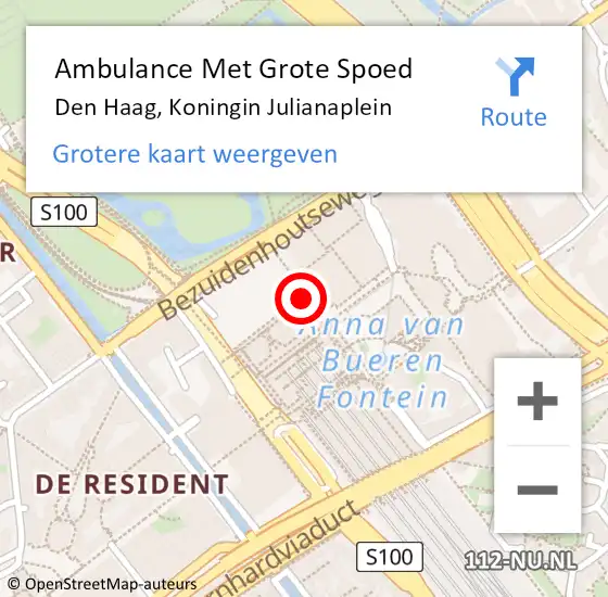 Locatie op kaart van de 112 melding: Ambulance Met Grote Spoed Naar Den Haag, Koningin Julianaplein op 2 november 2022 18:55
