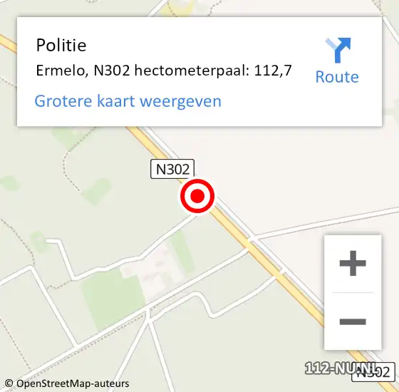 Locatie op kaart van de 112 melding: Politie Ermelo, N302 hectometerpaal: 112,7 op 2 november 2022 23:35