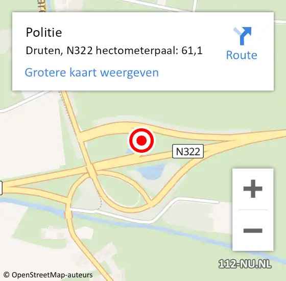 Locatie op kaart van de 112 melding: Politie Druten, N322 hectometerpaal: 61,1 op 3 november 2022 05:42