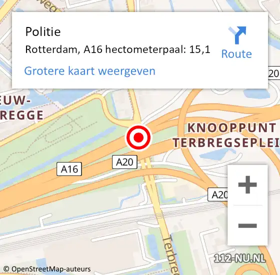 Locatie op kaart van de 112 melding: Politie Rotterdam, A16 hectometerpaal: 15,1 op 3 november 2022 09:45