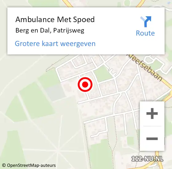 Locatie op kaart van de 112 melding: Ambulance Met Spoed Naar Berg en Dal, Patrijsweg op 3 november 2022 12:11