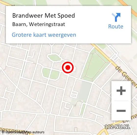 Locatie op kaart van de 112 melding: Brandweer Met Spoed Naar Baarn, Weteringstraat op 3 november 2022 14:05