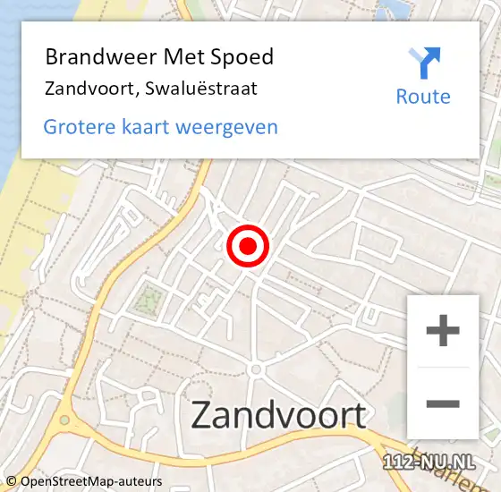 Locatie op kaart van de 112 melding: Brandweer Met Spoed Naar Zandvoort, Swaluëstraat op 3 november 2022 15:56