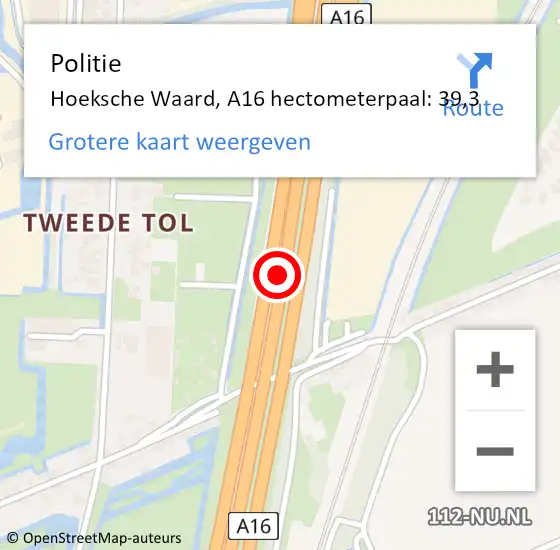 Locatie op kaart van de 112 melding: Politie Binnenmaas, A16 hectometerpaal: 39,3 op 3 november 2022 16:37