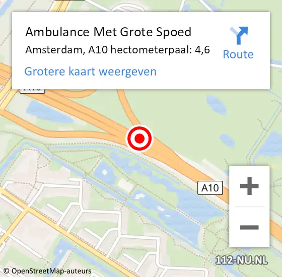 Locatie op kaart van de 112 melding: Ambulance Met Grote Spoed Naar Amsterdam, A10 hectometerpaal: 4,6 op 3 november 2022 17:45