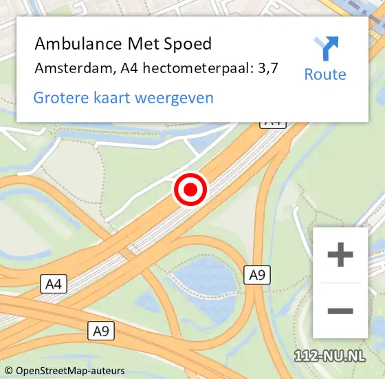 Locatie op kaart van de 112 melding: Ambulance Met Spoed Naar Amsterdam, A4 hectometerpaal: 3,7 op 3 november 2022 18:12