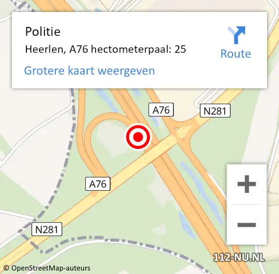 Locatie op kaart van de 112 melding: Politie Heerlen, A76 hectometerpaal: 25 op 3 november 2022 18:18