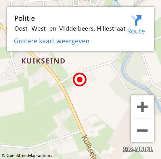 Locatie op kaart van de 112 melding: Politie Oost- West- en Middelbeers, Hillestraat op 3 november 2022 18:26