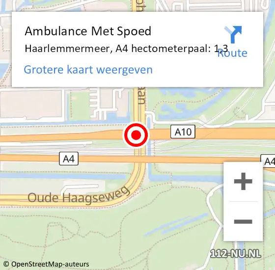 Locatie op kaart van de 112 melding: Ambulance Met Spoed Naar Haarlemmermeer, A4 hectometerpaal: 1,3 op 3 november 2022 21:32