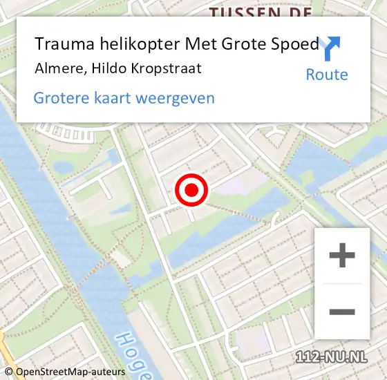 Locatie op kaart van de 112 melding: Trauma helikopter Met Grote Spoed Naar Almere, Hildo Kropstraat op 3 november 2022 22:15