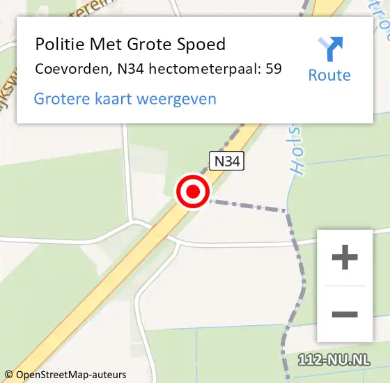 Locatie op kaart van de 112 melding: Politie Met Grote Spoed Naar Coevorden, N34 hectometerpaal: 59 op 4 november 2022 05:26