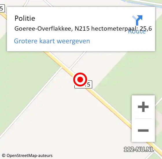 Locatie op kaart van de 112 melding: Politie Goeree-Overflakkee, N215 hectometerpaal: 25,6 op 4 november 2022 07:41