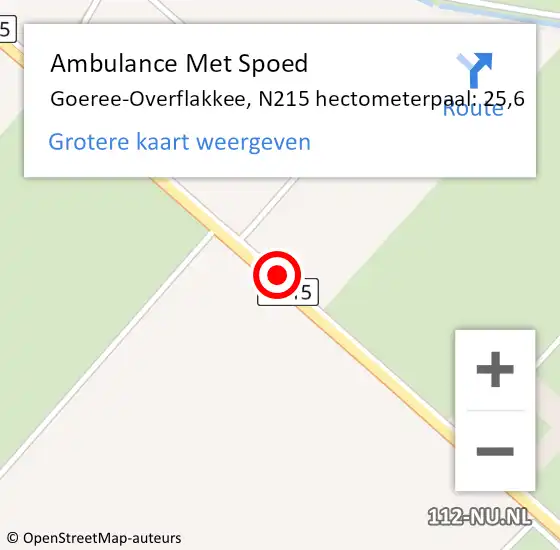 Locatie op kaart van de 112 melding: Ambulance Met Spoed Naar Goeree-Overflakkee, N215 hectometerpaal: 25,6 op 4 november 2022 07:42
