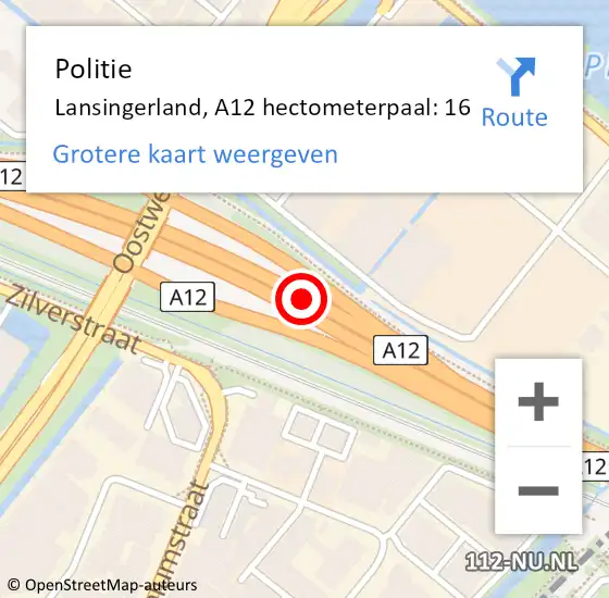 Locatie op kaart van de 112 melding: Politie Lansingerland, A12 hectometerpaal: 16 op 4 november 2022 12:02