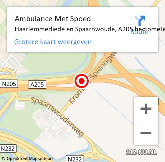 Locatie op kaart van de 112 melding: Ambulance Met Spoed Naar Haarlemmerliede en Spaarnwoude, A205 hectometerpaal: 3,6 op 4 november 2022 12:36