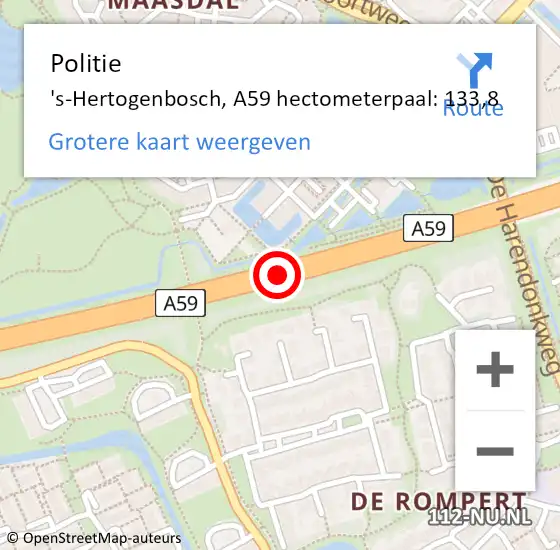 Locatie op kaart van de 112 melding: Politie 's-Hertogenbosch, A59 hectometerpaal: 133,8 op 4 november 2022 19:57