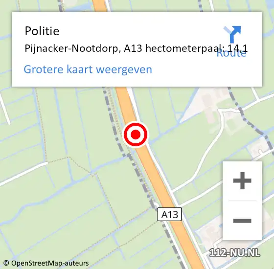 Locatie op kaart van de 112 melding: Politie Rotterdam, A13 hectometerpaal: 14,1 op 4 november 2022 21:13