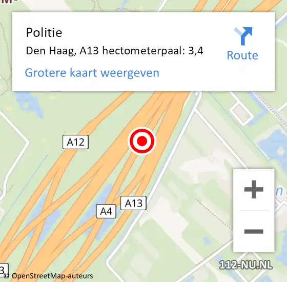 Locatie op kaart van de 112 melding: Politie Den Haag, A13 hectometerpaal: 3,4 op 5 november 2022 02:45