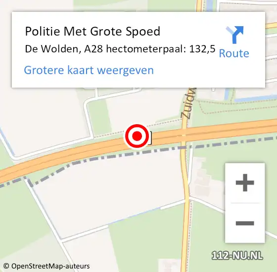 Locatie op kaart van de 112 melding: Politie Met Grote Spoed Naar De Wolden, A28 hectometerpaal: 132,5 op 5 november 2022 10:20