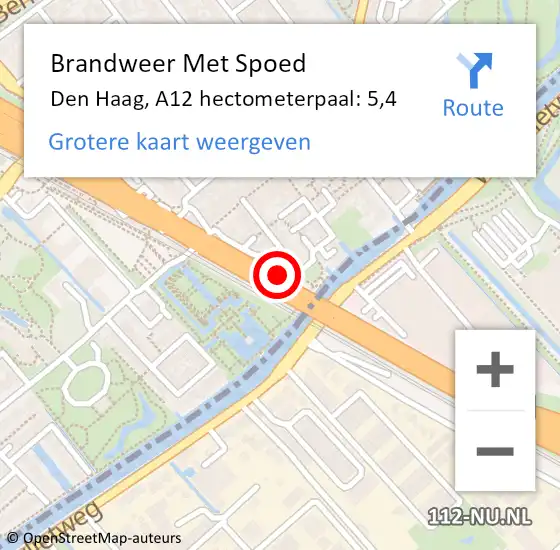 Locatie op kaart van de 112 melding: Brandweer Met Spoed Naar Den Haag, A12 hectometerpaal: 5,4 op 5 november 2022 19:03