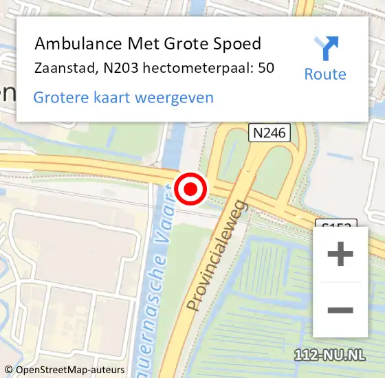 Locatie op kaart van de 112 melding: Ambulance Met Grote Spoed Naar Zaanstad, N203 hectometerpaal: 50 op 5 november 2022 21:08