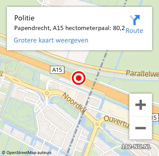 Locatie op kaart van de 112 melding: Politie Papendrecht, A15 hectometerpaal: 80,2 op 6 november 2022 03:08