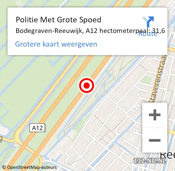 Locatie op kaart van de 112 melding: Politie Met Grote Spoed Naar Bodegraven-Reeuwijk, A12 hectometerpaal: 31,6 op 6 november 2022 07:11