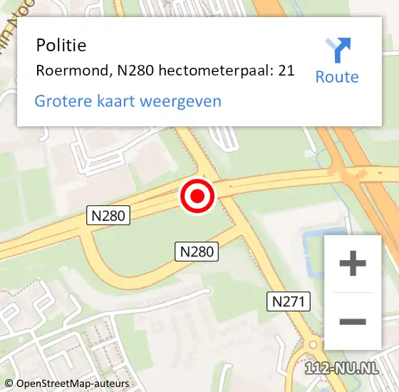 Locatie op kaart van de 112 melding: Politie Roermond, N280 hectometerpaal: 21 op 6 november 2022 13:58