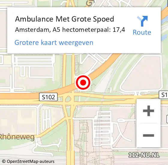 Locatie op kaart van de 112 melding: Ambulance Met Grote Spoed Naar Amsterdam, A5 hectometerpaal: 17,4 op 6 november 2022 14:37