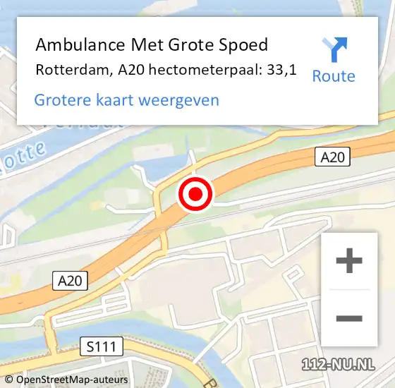 Locatie op kaart van de 112 melding: Ambulance Met Grote Spoed Naar Rotterdam, A20 hectometerpaal: 33,1 op 6 november 2022 16:31