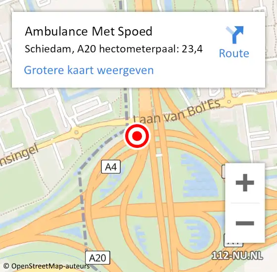 Locatie op kaart van de 112 melding: Ambulance Met Spoed Naar Schiedam, A20 hectometerpaal: 23,4 op 6 november 2022 22:24