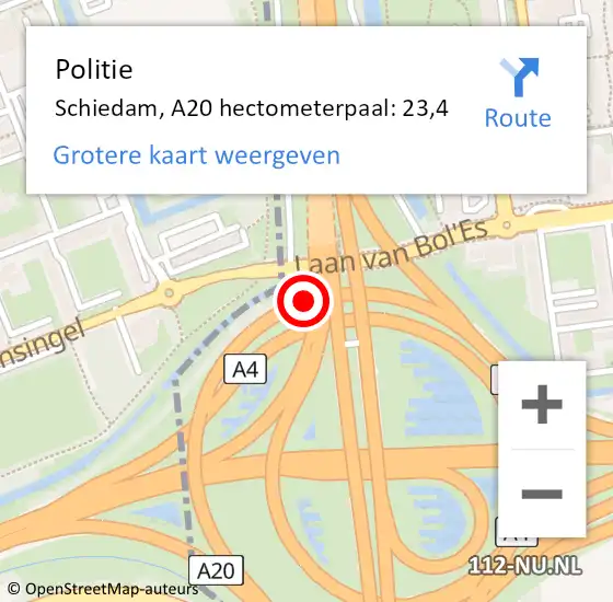 Locatie op kaart van de 112 melding: Politie Schiedam, A20 hectometerpaal: 23,4 op 6 november 2022 22:25