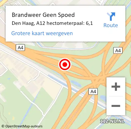 Locatie op kaart van de 112 melding: Brandweer Geen Spoed Naar Den Haag, A12 hectometerpaal: 6,1 op 7 november 2022 12:54