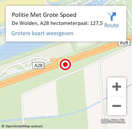 Locatie op kaart van de 112 melding: Politie Met Grote Spoed Naar De Wolden, A28 hectometerpaal: 127,5 op 7 november 2022 13:53