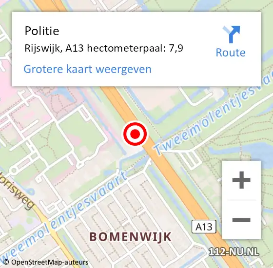 Locatie op kaart van de 112 melding: Politie Rijswijk, A13 hectometerpaal: 7,9 op 7 november 2022 14:10