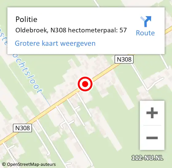 Locatie op kaart van de 112 melding: Politie Oldebroek, N308 hectometerpaal: 57 op 7 november 2022 15:43