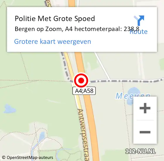 Locatie op kaart van de 112 melding: Politie Met Grote Spoed Naar Bergen op Zoom, A4 hectometerpaal: 238,8 op 7 november 2022 16:31