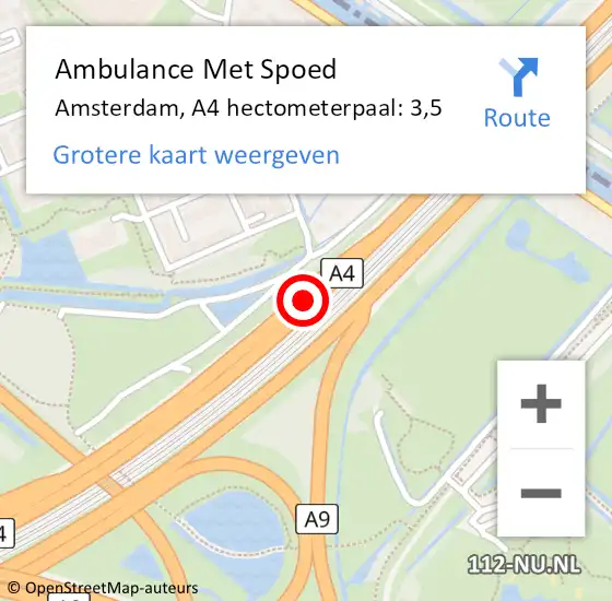 Locatie op kaart van de 112 melding: Ambulance Met Spoed Naar Amsterdam, A4 hectometerpaal: 3,5 op 7 november 2022 18:21
