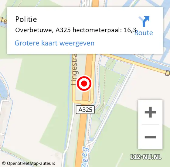 Locatie op kaart van de 112 melding: Politie Overbetuwe, A325 hectometerpaal: 16,3 op 7 november 2022 19:24