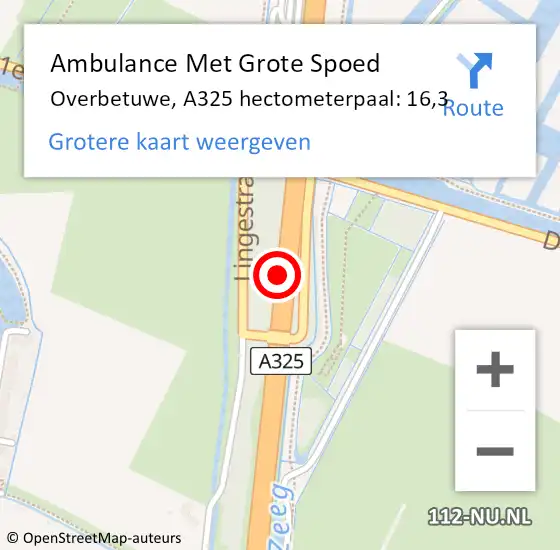 Locatie op kaart van de 112 melding: Ambulance Met Grote Spoed Naar Overbetuwe, A325 hectometerpaal: 16,3 op 7 november 2022 19:24