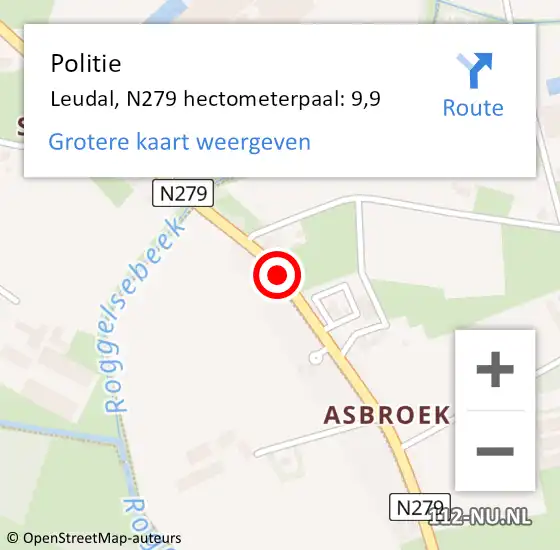 Locatie op kaart van de 112 melding: Politie Leudal, N279 hectometerpaal: 9,9 op 7 november 2022 19:51