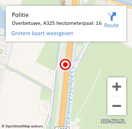 Locatie op kaart van de 112 melding: Politie Overbetuwe, A325 hectometerpaal: 16 op 7 november 2022 21:24