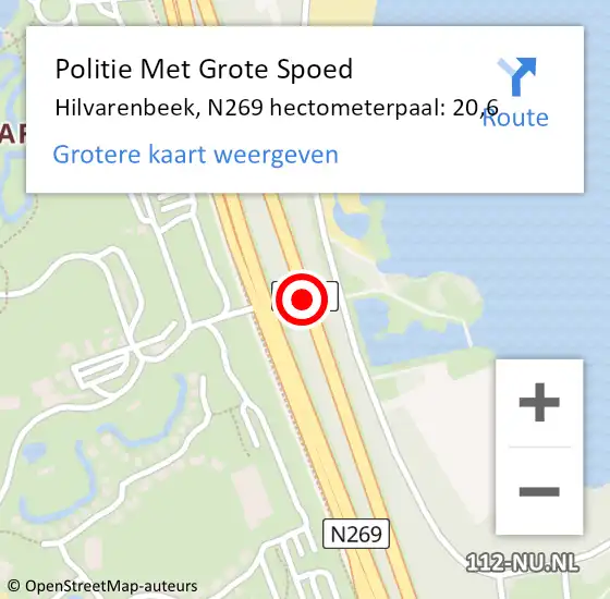 Locatie op kaart van de 112 melding: Politie Met Grote Spoed Naar Hilvarenbeek, N269 hectometerpaal: 20,6 op 8 november 2022 06:57