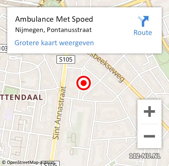 Locatie op kaart van de 112 melding: Ambulance Met Spoed Naar Nijmegen, Pontanusstraat op 8 november 2022 07:48