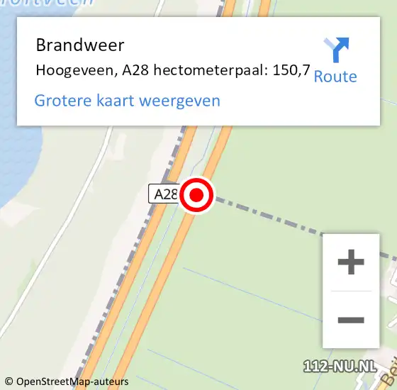 Locatie op kaart van de 112 melding: Brandweer Hoogeveen, A28 hectometerpaal: 150,7 op 8 november 2022 09:53
