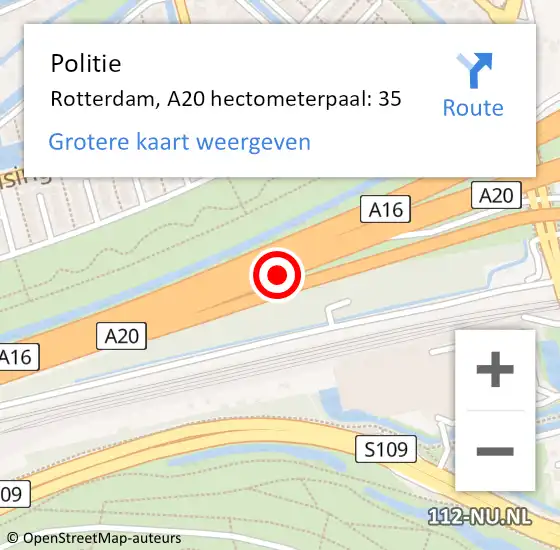 Locatie op kaart van de 112 melding: Politie Rotterdam, A20 hectometerpaal: 35 op 8 november 2022 11:36